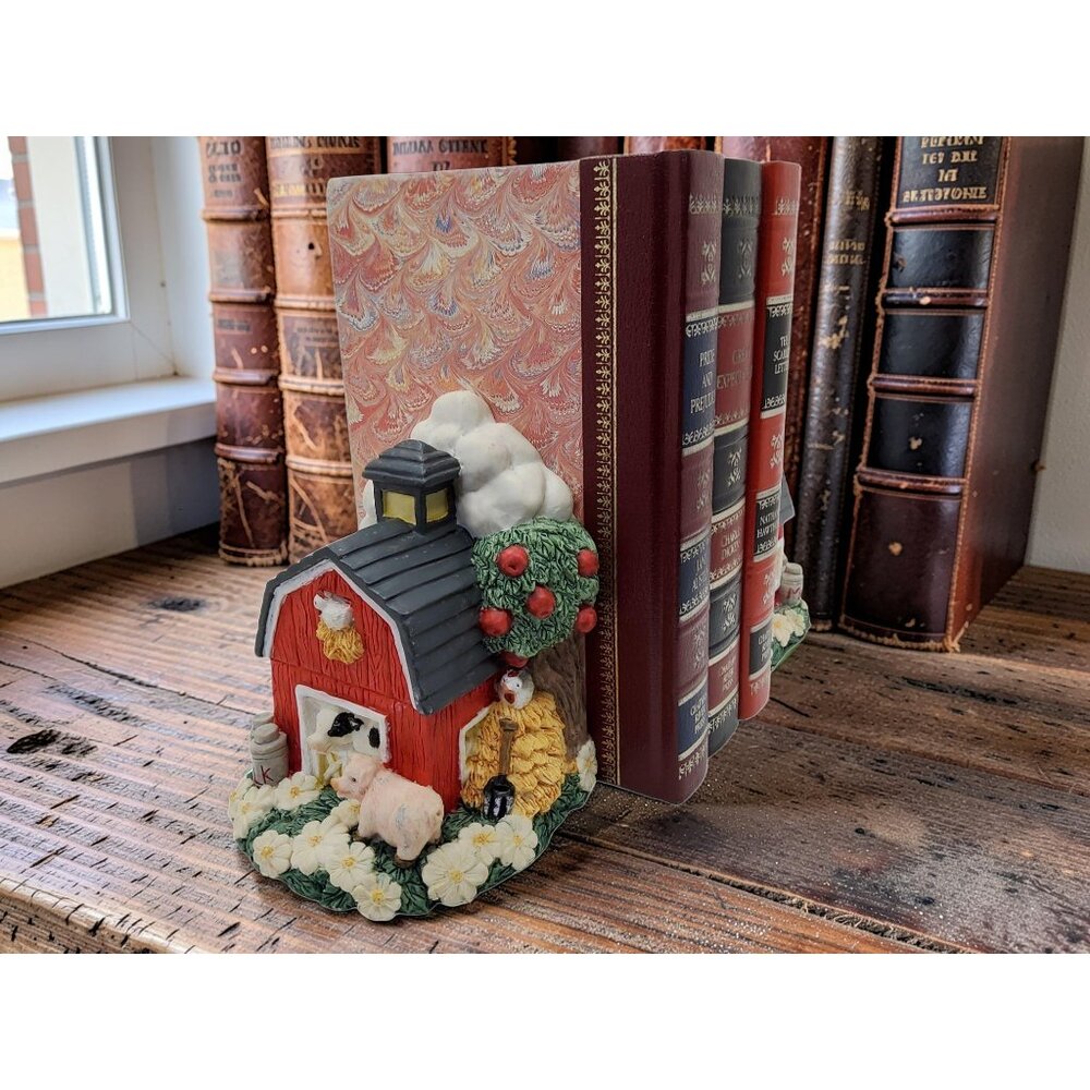 vintage youngs heavy resin red barn farm animals vibrant colors bookends. - Picture 7 of 13